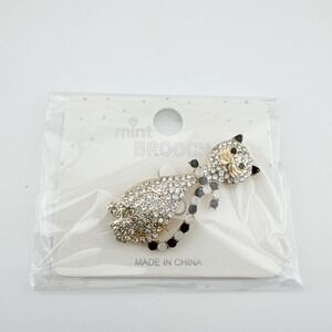 Mint Rhinestone Cat Brooch‎ Gold Black Crystal Accent